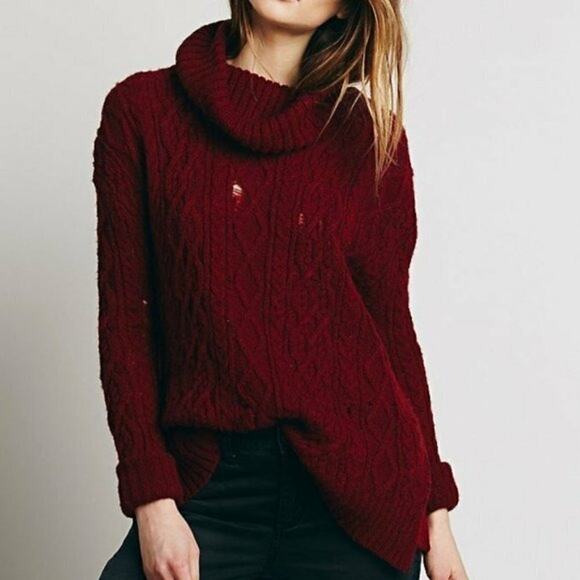 Free People Distressed Cable Knit Turtleneck sz S - Picture 1 of 9